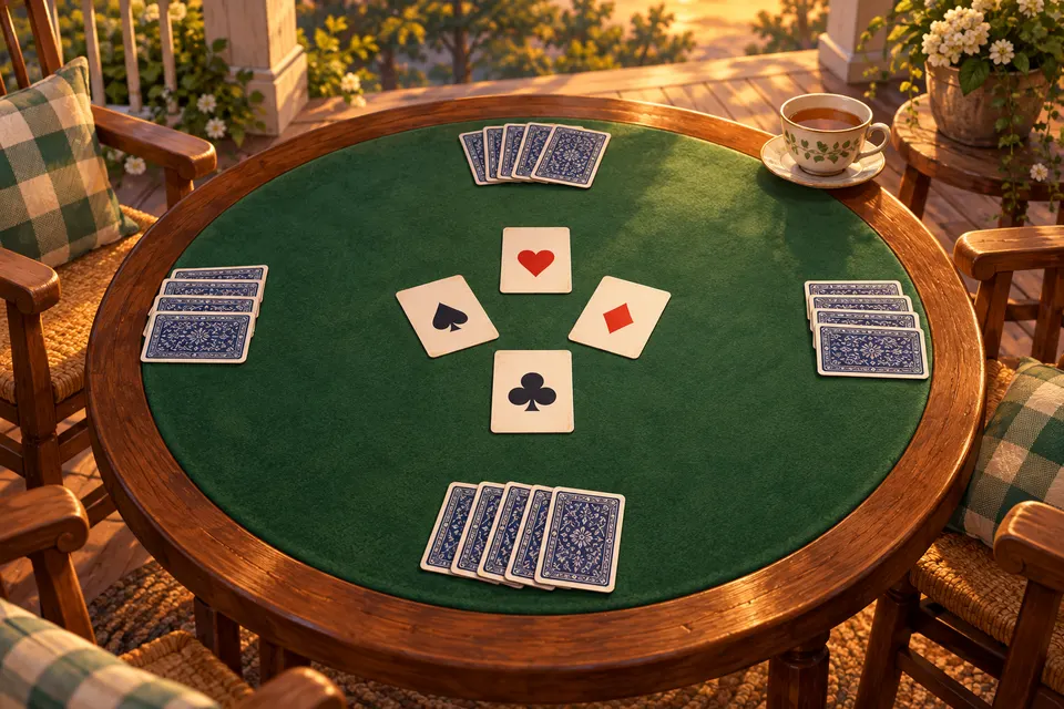 Euchre cards laid out on a green felt table